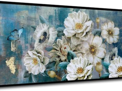 flower-canvas-wall-art-white-elegant-modern-gold-foil-colorful-painting-turquoise-floral-teal-artwork-for-living-room-bedroom-bathroom-home-office-decor-painting